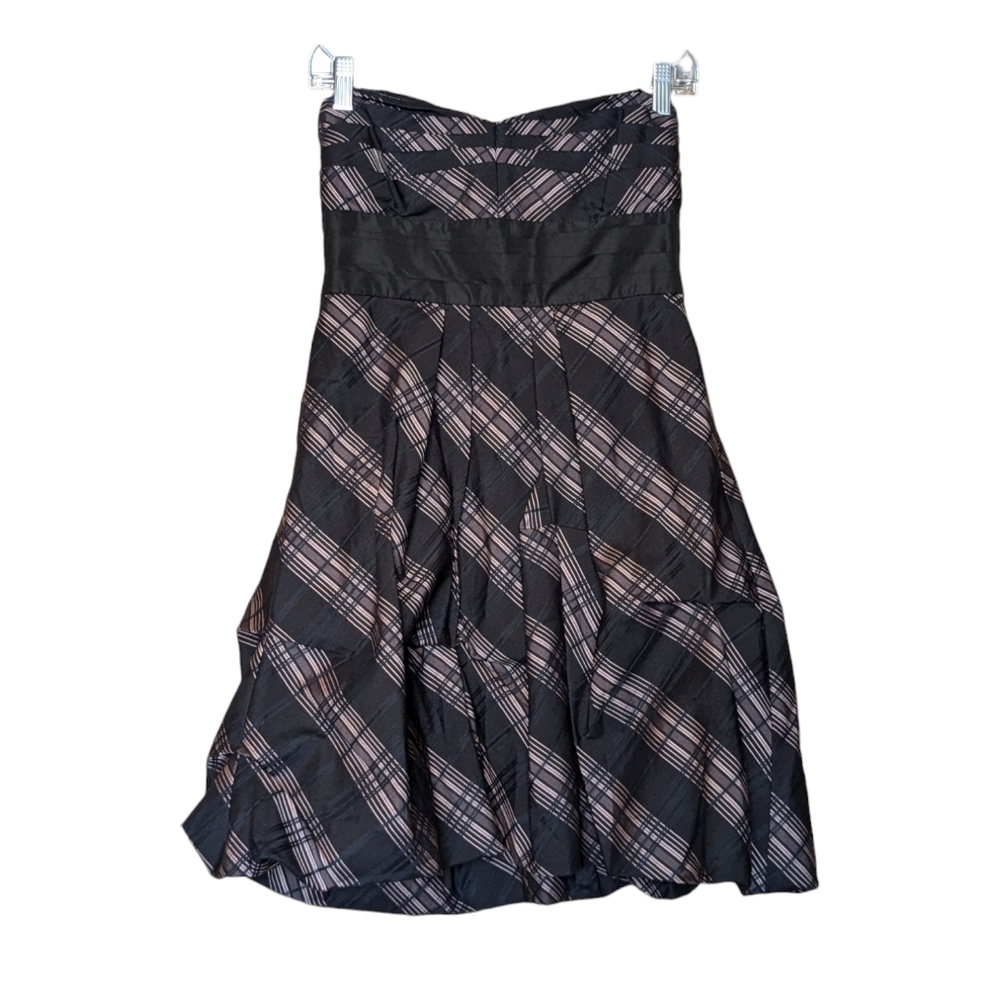 BCBG MaxAzria Plaid Pleated Taffeta Strapless Cocktail Dress Black Pink …